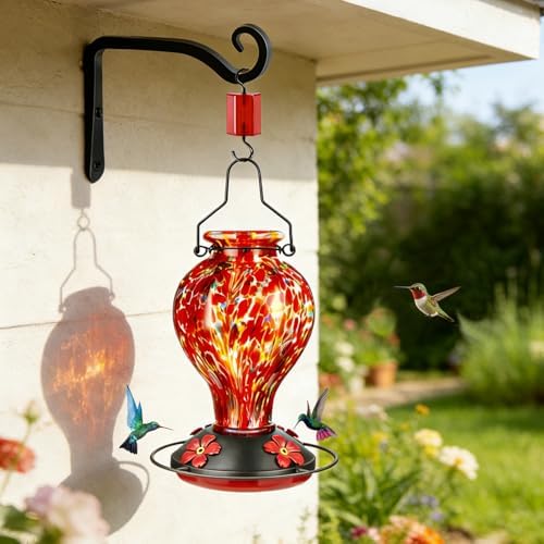 24oz Hand Blown Glass Hummingbird Feeders for Outdoors Hanging 1 Pack Red Polka Dots, 20oz Wild Bird Nectar Feeder 1 Pack Red