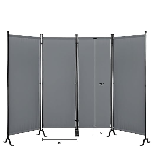Proman Products - Galaxy 4 Panel Section Privacy Folding Screen Divider, Water Repellent Fabric Room Divider with Black Powder Coated Metal Frame for Indoors or Outdoors (Gray)