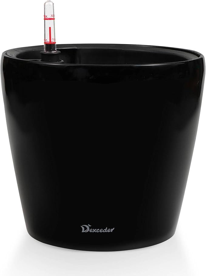 Dexceder 9x8 Self Watering Planter (Black High Gloss) | Inner Pot Design, Thickened Table Flower Plant Pot with Water Level Indicator Indoor Outdoor