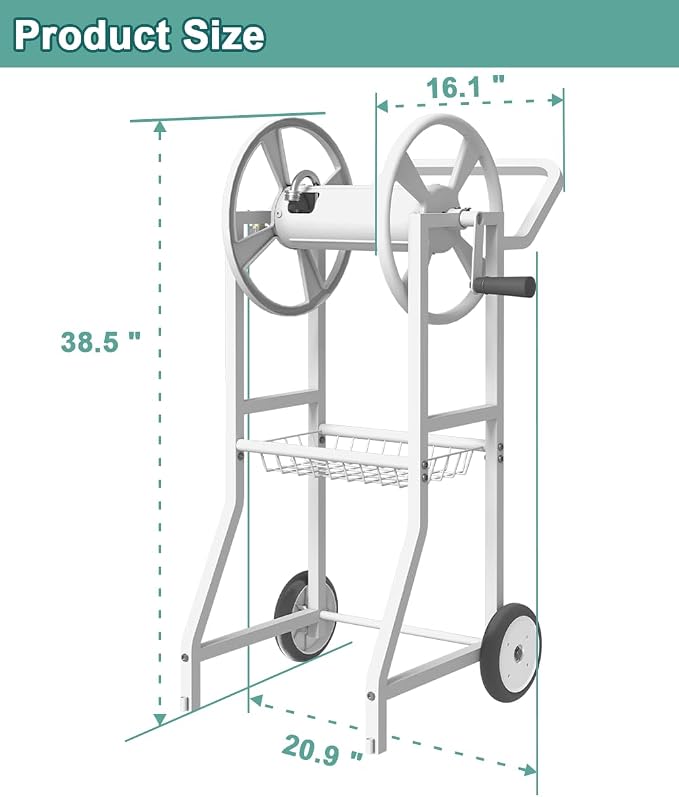 Artigarden Garden Hoses Reel Cart with Wheels, Outdoor Heavy Duty Powder Coated Steel Water Winder Storage Holds 125 ft 5/8" Hose with 3.9ft Leader Hose and Basket for Backyard, Yard, Lawn, White
