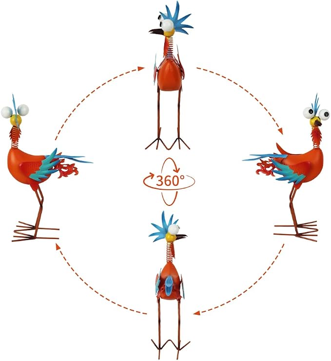Metal Wacky Rooste Garden Statue, 17.9‘’ Rooster Decor Yard Statue Decorations Outdoor, Chicken Yard Art for Outside, Patio, Backyard, Lawn (Orange & Cyan)