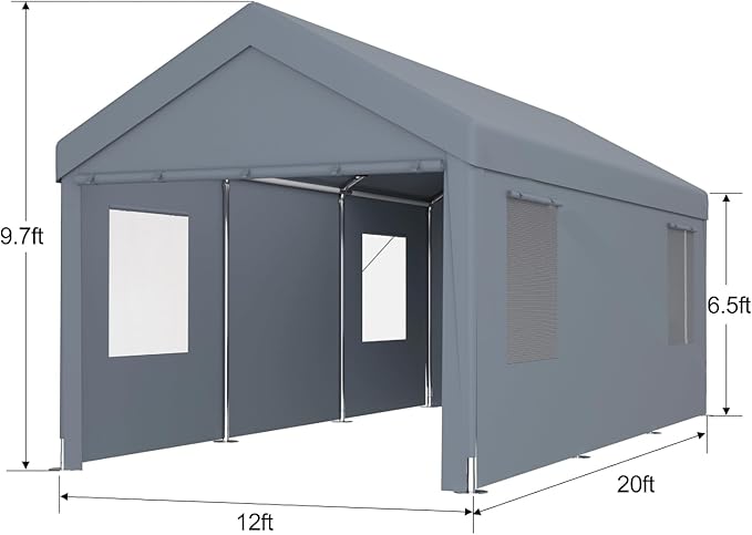 12x20FT Canopy, Outdoor Portable Garage with 2 Roll-Up Doors & 4 Ventilated Windows, Patio Camping Heavy Duty Car Port Canopy with PE Cover, Ground Pegs & Steel Cables, Easy Assembly, Grey