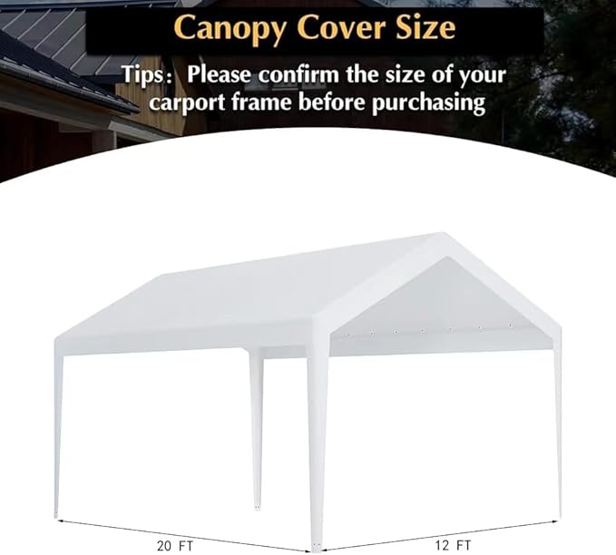 Carport Replacement Canopy, Replacement Top Cover for 12' x 20' Carport Frame, 180G PE Fabric Waterproof & UV Protected Tarp with Ball Bungees, White (Only Top Cover, Frame is not Included)