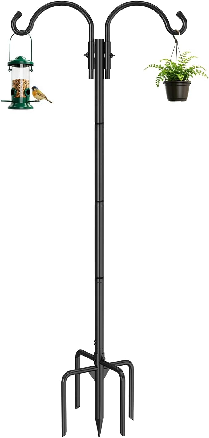 GOFORWILD Double Shepherds Hook for Outdoor, with 5-Prong Base, 76inch Adjustable Metal Bird Feeder Pole for Hanging Bird Nest, Plant Basket,Lantern,Solar Light 1 Pack