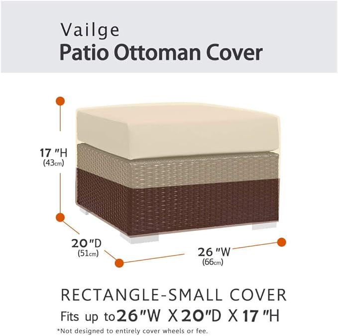 Vailge Rectangle Patio Ottoman Cover, Waterproof Outdoor Ottoman Cover with Padded Handles, Patio Side Table Cover, Heavy Duty Patio Furniture Covers (Small,Beige & Brown)