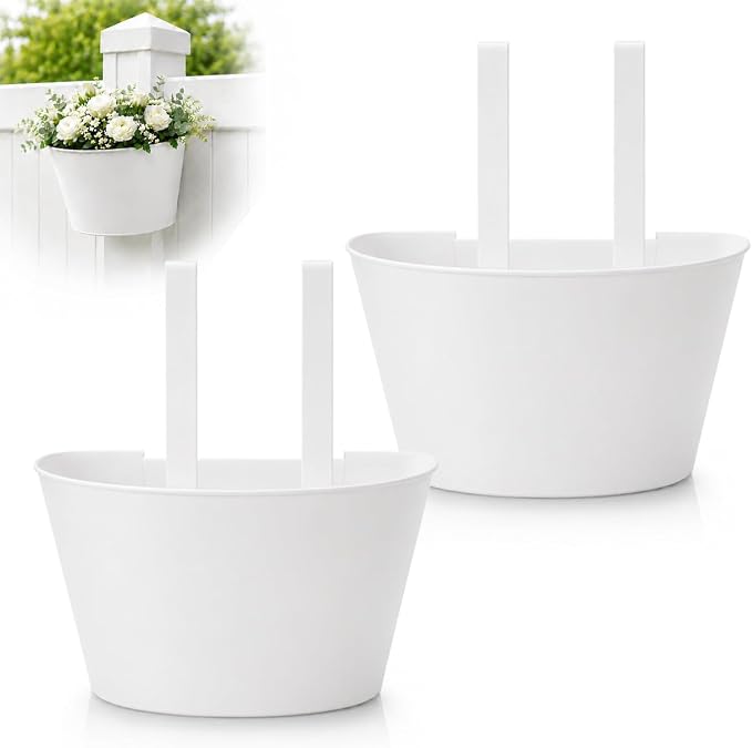 2 Pack White Metal Fence Post Planter for 4x4 & 5x5 PVC Vinyl Fence, No-Drill Hanging Flower Pots for Outdoor Plants, Flush Fit Planters with Drainage for Garden Yard Outdoor Decor