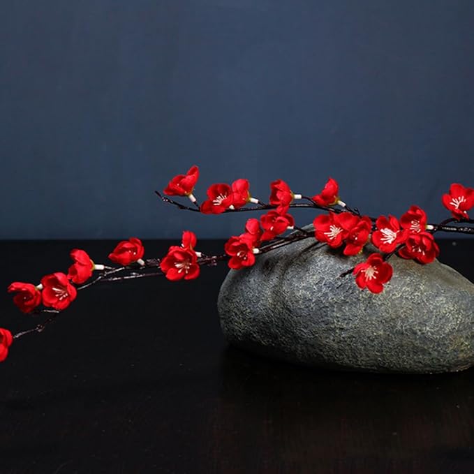 5 Pcs Artificial Plum Blossom Fake Wintersweet Long Stem Plastic Flowers Home Hotel Office Wedding Party Garden Decor 27.5'' High Red