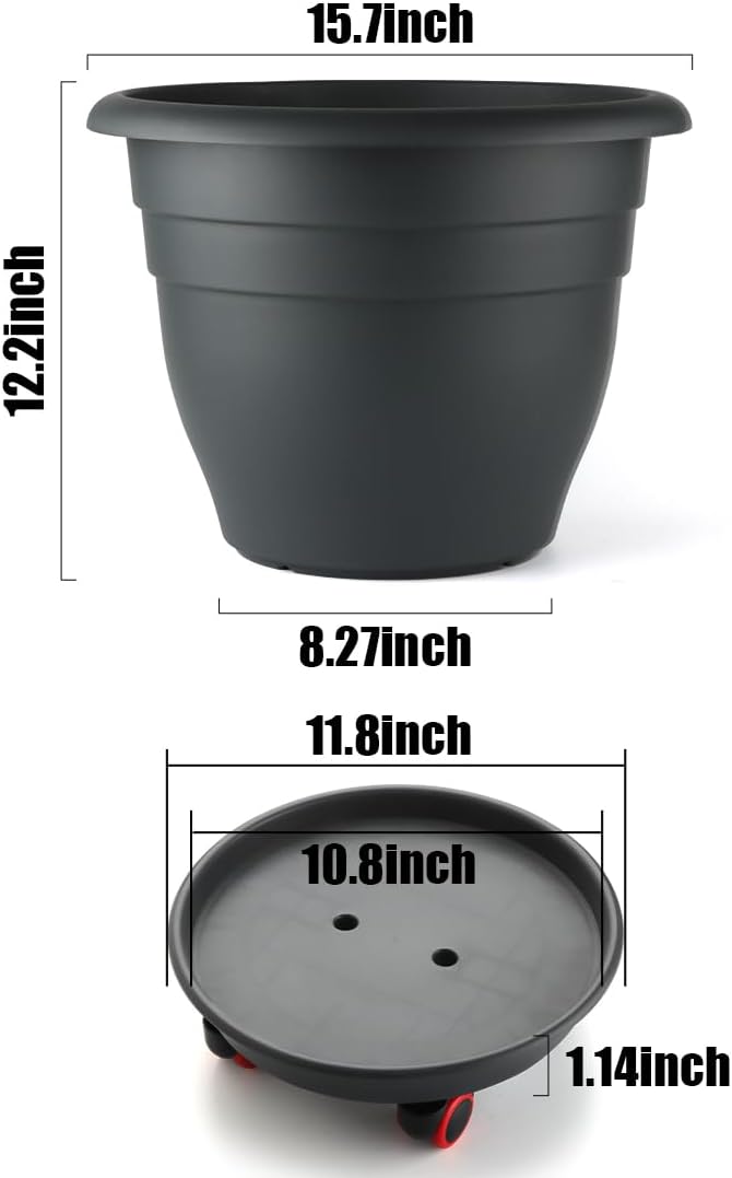 RooTrimmer 3 Pack 16 Inch Large Plant Pots with Rolling Saucers & Drainage Holes,Heavy Duty Plastic Planters for Indoor Outdoor Plants,Large Flower Pots with Wheels for Tall Plants(Black)