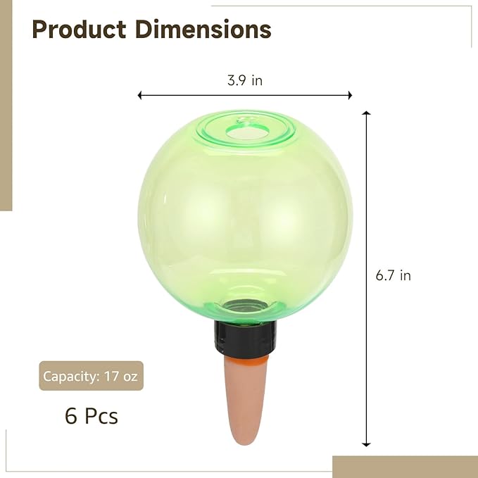 6 Pcs Self-Watering Globes, 17 oz Automatic Plant Watering Bulbs with Slow-Release Terracotta Spikes, Green Plastic Water Planters for Indoor and Outdoor