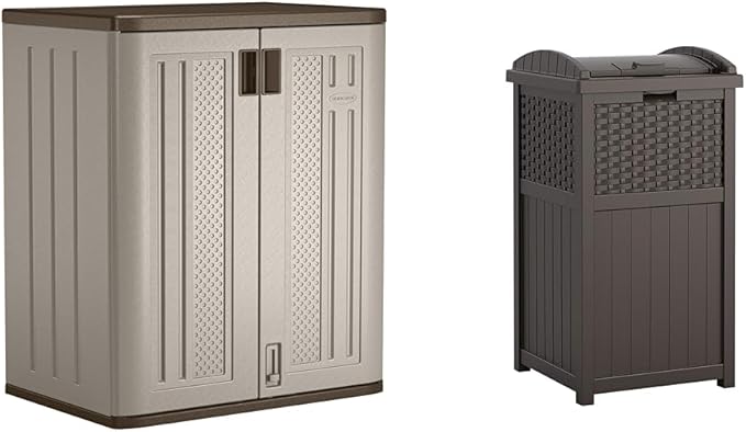Suncast 30 Gallon Resin Outdoor Hideaway Patio Trash Can and Base Storage Cabinet Bundle