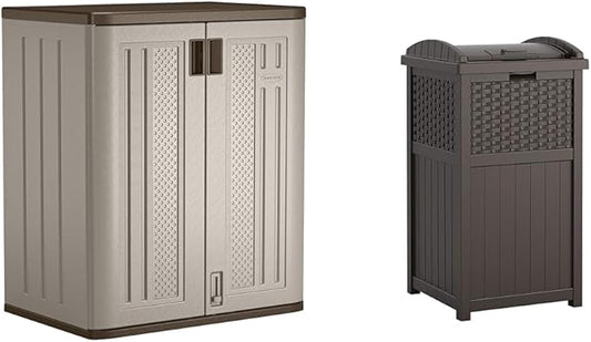 Suncast 30 Gallon Resin Outdoor Hideaway Patio Trash Can and Base Storage Cabinet Bundle