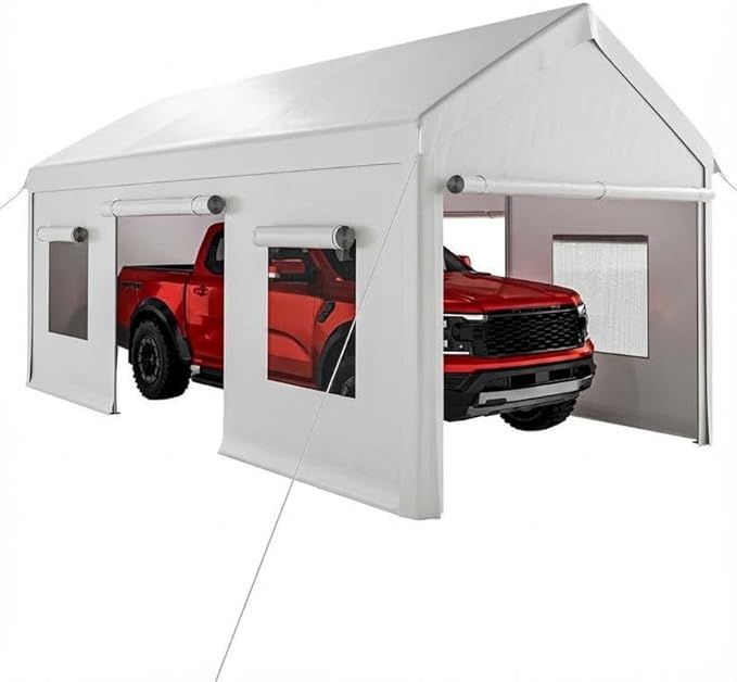 10 x 20FT Heavy Duty Carport, Portable Garage with Roll-Up Windows,Removable Sidewalls & Doors, Outdoor Tent Garage for Car,Truck,Boat