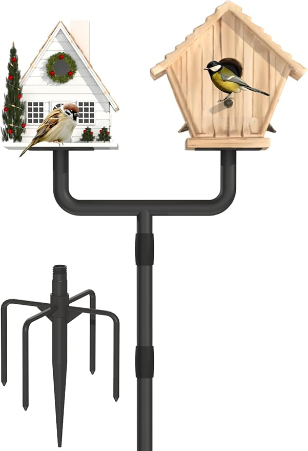 Garbuildman Upgraded Smart Bird Feeder Pole for 2 Birdhouses with Reinforced 5-Prong Base, Adjustable Birdhouse Pole for Outdoors, 2-in-1 Bird Feeder Stand Mounting Kit for Wild Birds Watching, Black