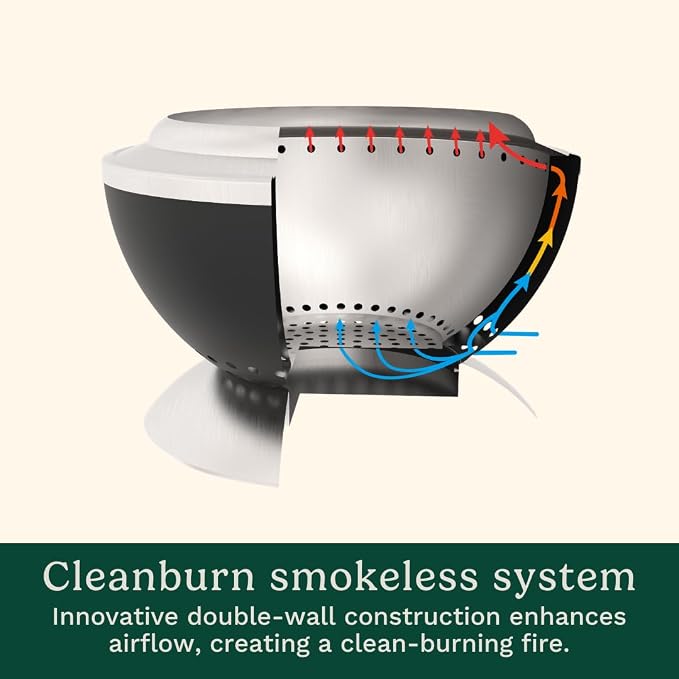 Cuisinart 24” Cleanburn Smokeless Fire Pit with Removable Base for Ash, Portable Wood Burning Outdoor Fireplace, Stainless Steel Smoke Free Outdoor Heater, Enhanced Airflow and Easy Cleanup