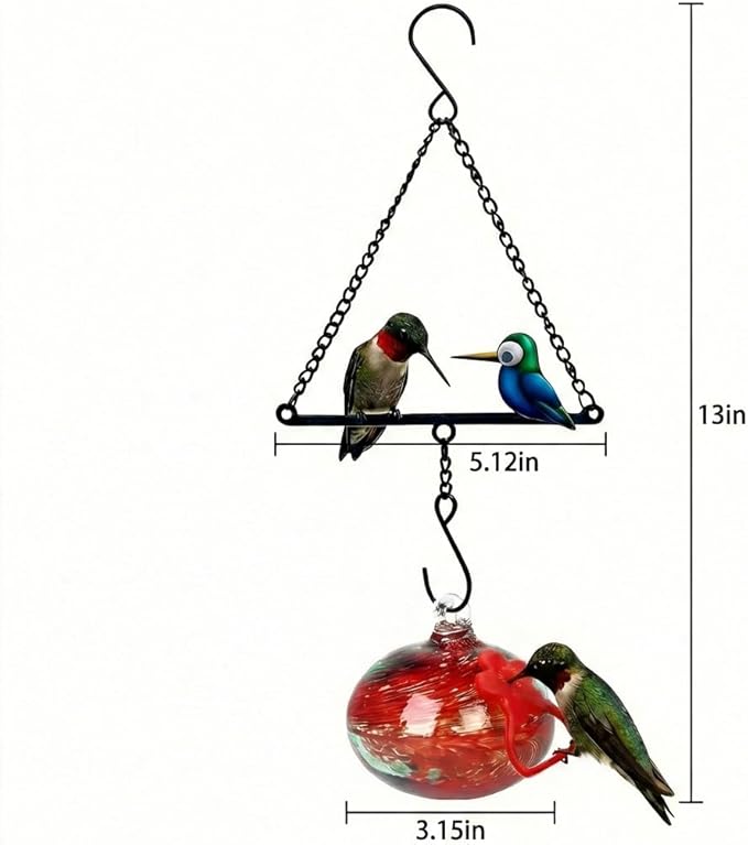 Headak Life Hummingbird Feeder for Outdoors Hanging,Metal Hummingbird Swing with Hand Blown Glass Hummingbird Feeder,Artistic Bird Perch & Garden Decor, Unique Gardening Gifts for Women(Red)