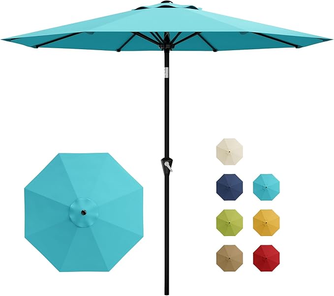 GarveeLife 9FT Umbrella Outdoor Patio, Table Umbrella with Push Button Tilt and Crank, 8 Sturdy Ribs Waterproof UV Protection for Garden, Pool, Deck, Backyard, Market (Sky Blue)