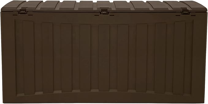 Ram Quality Products Plastic 90 Gallon Outdoor Lockable Backyard Storage Bin Deck Box for Cushions, Pool Accessories, and Towels, Brown