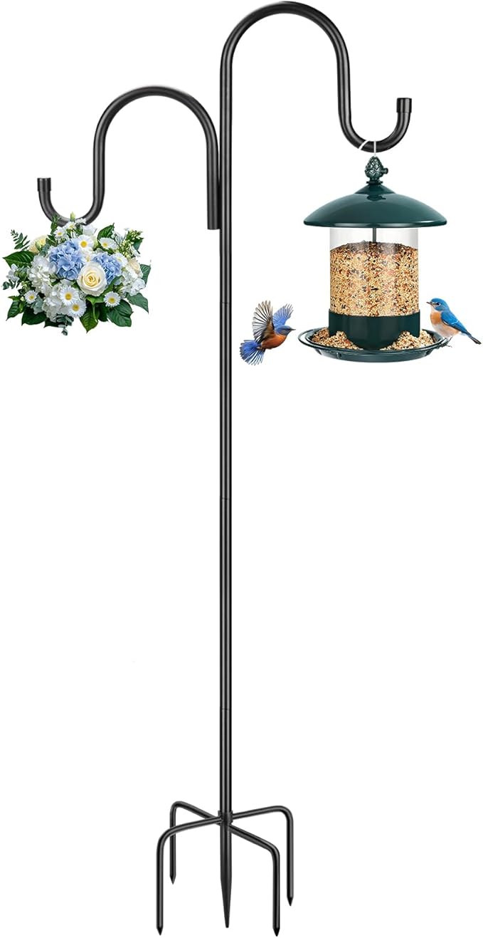 95 Inch Double Shepherds Hooks for Outdoor, Heavy Duty Bird Feeder Pole with 5 Prongs Base for Hanging Lantern, Hummingbird Feeder, Lightweight Plant, Shepherds Hook for Bird Feeders for Outside
