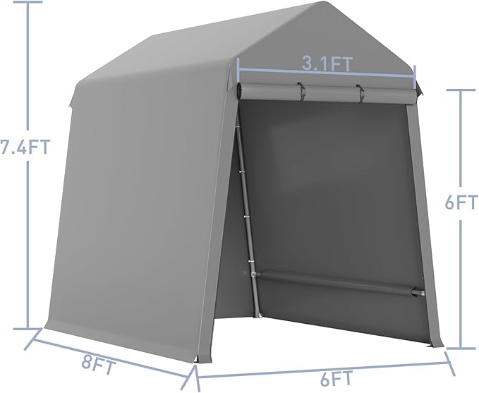 GarveeLife 6X8 ft Heavy Duty Outdoor Shed,Portable Storage Shed,with 2 Rolled Up Zipper Doors,Vents Carports & Waterproof Cover Temporary Shelter for Motorcycle,Gardening Tools and Generator(Grey)