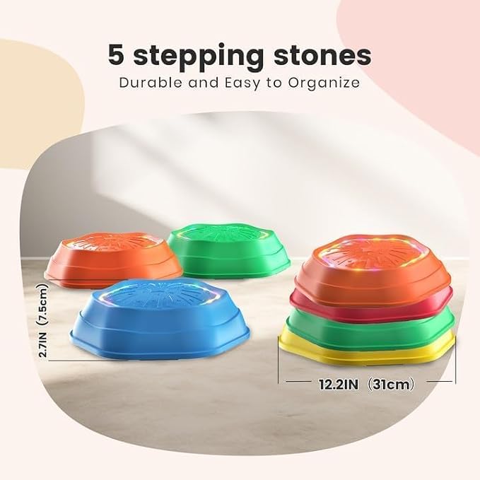 Holyton Light Up Musical Stepping Stones for Kids, 5 Pack Sensory Balance Stepping Stones with Rechargeable Batteries, Non-Slip Toddler Stepping Stones for Ages 3-8, Indoor Outdoor Active Play Toy, Red