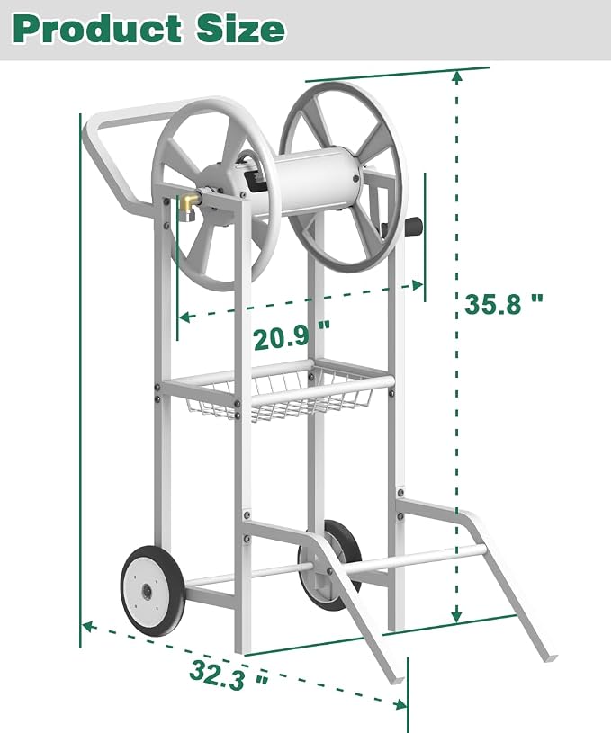 Artigarden Hose Reel Cart with 2 Wheels, Garden Water Hose Holder Heavy Duty Powder Coated Steel Outdoor Winder Storage Holds 125 ft 5/8" Hoses with Basket and 3.9ft Leader Hose for Backyard, White