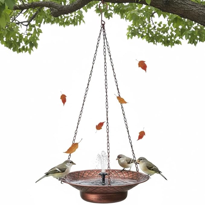 12.6" Hanging Solar Bird Bath, Birdbath Fountain Solar Power, Metal Bird Bath for Outside Hanging, Hanging Bird Fountain for Garden, Patio, Lawn Decor, Bronze
