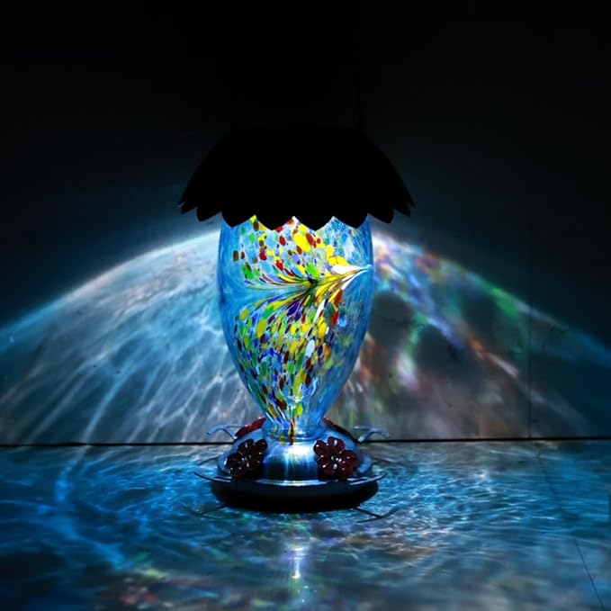 Solar Hummingbird Feeder for Outdoors Hanging Colorful Lighting 32 Oz Hand Blown Glass Hummingbird Feeder for Garden Decoration with Accessories (Blue)