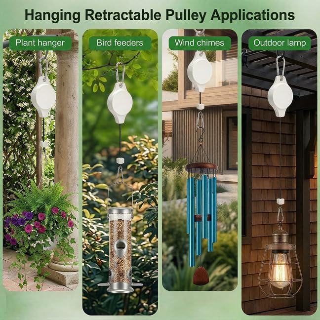 Retractable Plant Hanger with Pulley System, Effortless Raising and Lowering for Indoor and Outdoor Plants, Hanging Planters, Garden Pots & Bird Feeders (4-Pack,White)