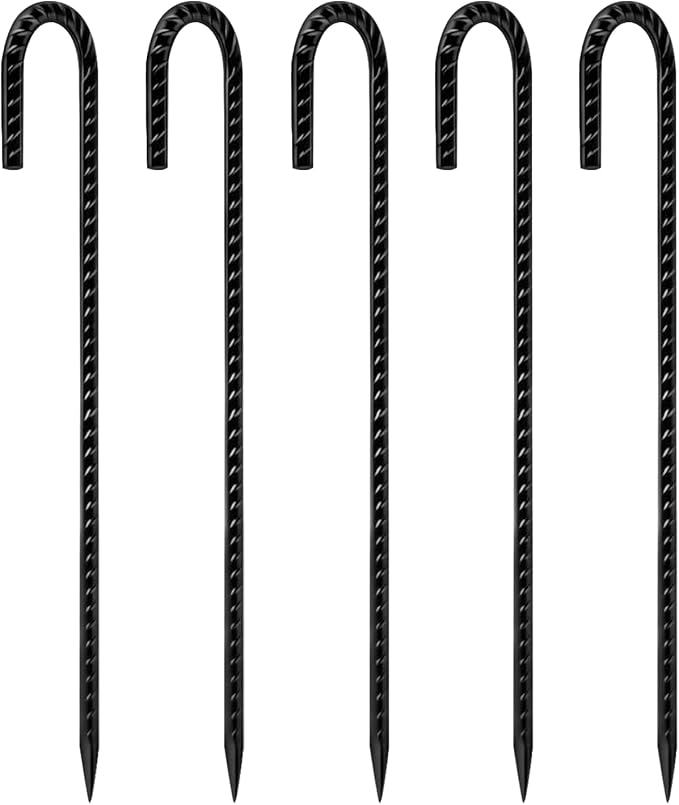 Rebar Stakes 12 Inch 5-Pack, Premium Black Coated J Hook Heavy Duty Ground Stakes for Chain Link Fence, Camping Tents, Inflatables