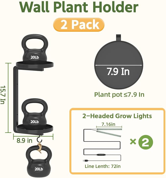 LASZOLA Plant Hangers Shelves Wall Mounted Indoor with Grow Lights, Metal Window Plant Holders, 2Pcs Modern Floating Flower Display Stand with 2 Hooks for Outdoor Kitchen Bathroom Decor, Dark Grey