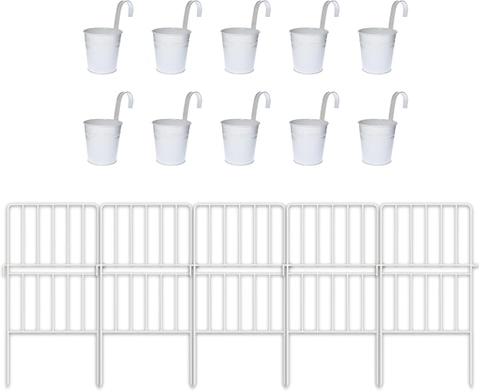 ShopLaLa Bundle- 10 Pack, 4 Inch White Metal Pot + 20 Pack, 24 Inch Decorative Garden Fence Landscape Edging Rustproof Metal Wire Outdoor Border No Dig Window Box Hook Flower Box Balcony Railing Porch