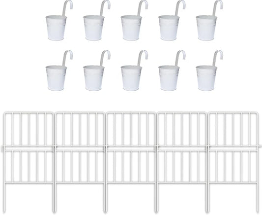 ShopLaLa Bundle- 10 Pack, 4 Inch White Metal Pot + 20 Pack, 24 Inch Decorative Garden Fence Landscape Edging Rustproof Metal Wire Outdoor Border No Dig Window Box Hook Flower Box Balcony Railing Porch