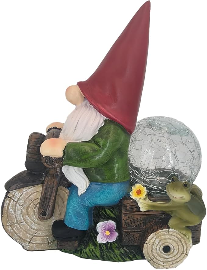 Solar Powered Garden Gnome on Motorcycle with Frog and Crackle Glass Globe, Outdoor LED Light Decor for Patio, Lawn, Yard, and Garden (Red)