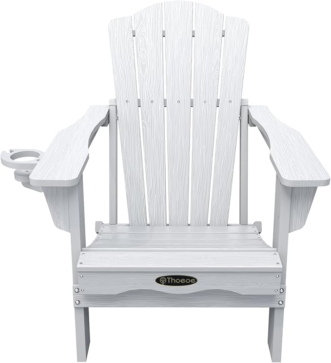 THOEOE Folding Adirondack Chair Set of 8, HDPE All-Weather Outdoor Chair with Cup Holder, Wooden Textured, Fire Pit Chair, Plastic Patio Chair for Deck, Backyard, Garden, Lawn, White