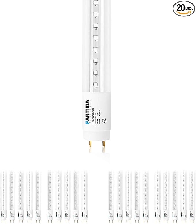 PARMIDA 20-Pack 4FT LED T8 Ballast Bypass Type B Light Tube, 18W, UL-Listed for Single-Ended & Dual-Ended Connection, 2200lm, Clear Lens, T8 T10 T12, UL, FCC - 6000K
