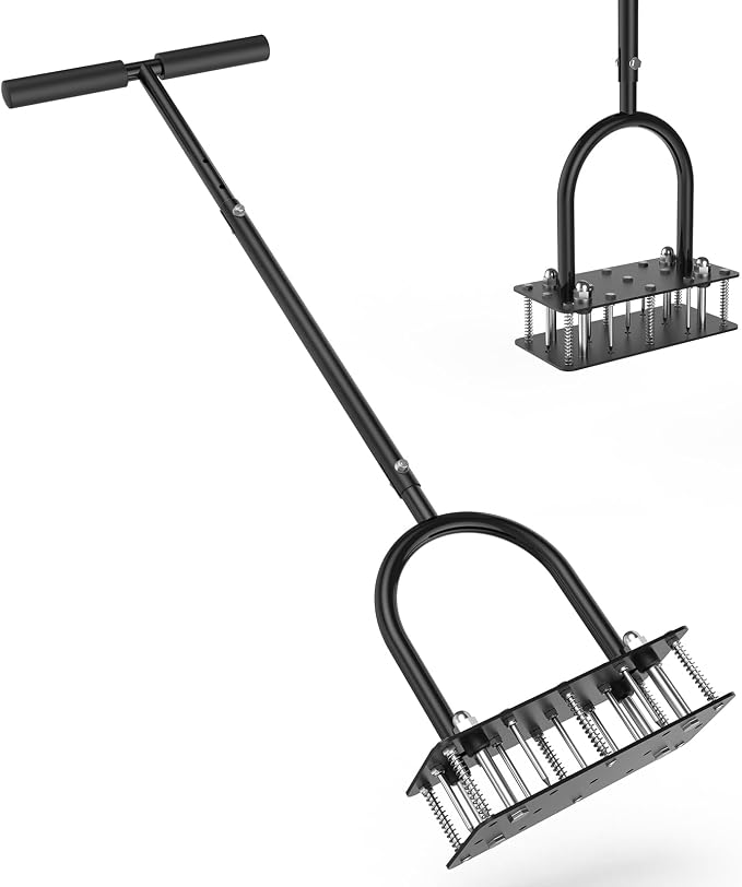GAINO Manual Lawn Aerator Tool with 15 Spikes, 32"-35" Adjustable T-Handle Aerator for Lawn, Automatic Dirt Ejection Design, Heavy Duty Yard Grass Aerator for Soil Compaction, Black