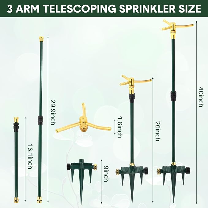 Teenyyou 2 Pcs 3 Arm Rotating Telescoping Sprinkler with Spike and 2 Pcs 360 Degree Rotation Garden Water Sprinklers Metal Lawn Sprinkler for Yard Garden up to 40 Inches for Large Area Coverage