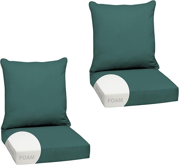 Arden Outdoor Foam Deep Seat Cushion Set (2-Pack), 24x24, Premium High-Density Foam, Never Flattens, Weather-Proof for Patio Chair Sofa Couch, Peacock Blue Green Texture