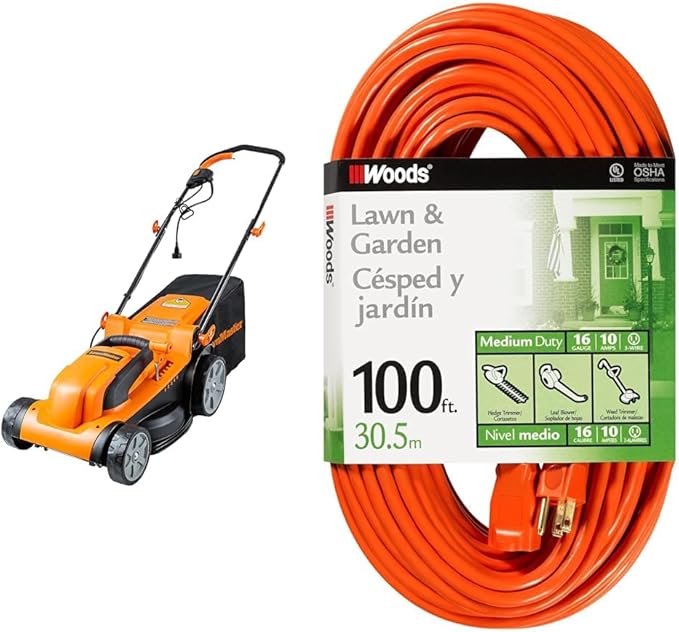 LawnMaster 15-Inch 11AMP Electric Mower and Woods 100-Foot Orange Extension Cord Bundle