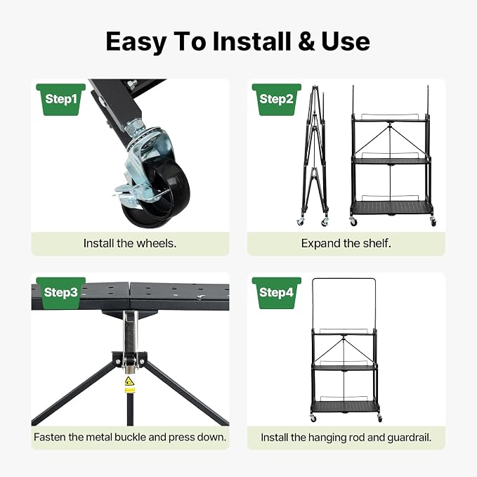 4-Tier Foldable Plant Stand with Wheels, No Tools Assembly, Sturdy Step Shelf for Indoor Outdoor Use, Black– Organize Pots, Save Space, Roll & Store Easy