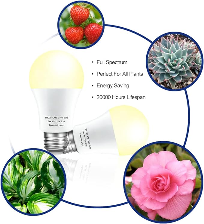 4 Pack LED Grow Light Bulbs A19 Bulb, Full Spectrum Plant Light Bulb, 9W E26 Grow Bulb Replace up to 80W, Grow Light for Indoor Plants, Flowers, Greenhouse, Indore Garden, Hydroponic