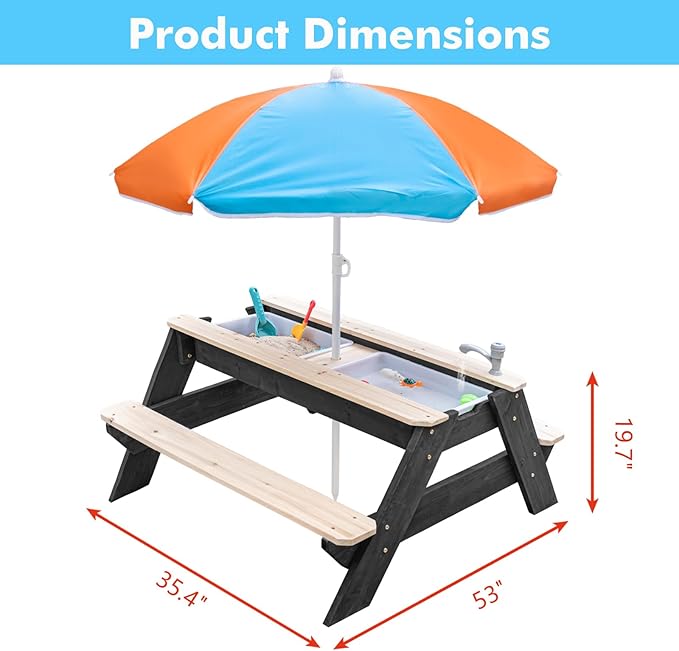 Kids 3-in-1 Sand & Water Table, Wood Outdoor Convertible Picnic Table w/Umbrella, 2 Trays, Removable Top with Faucet, Picnic Table for Outdoor Playset (Black/Orange)