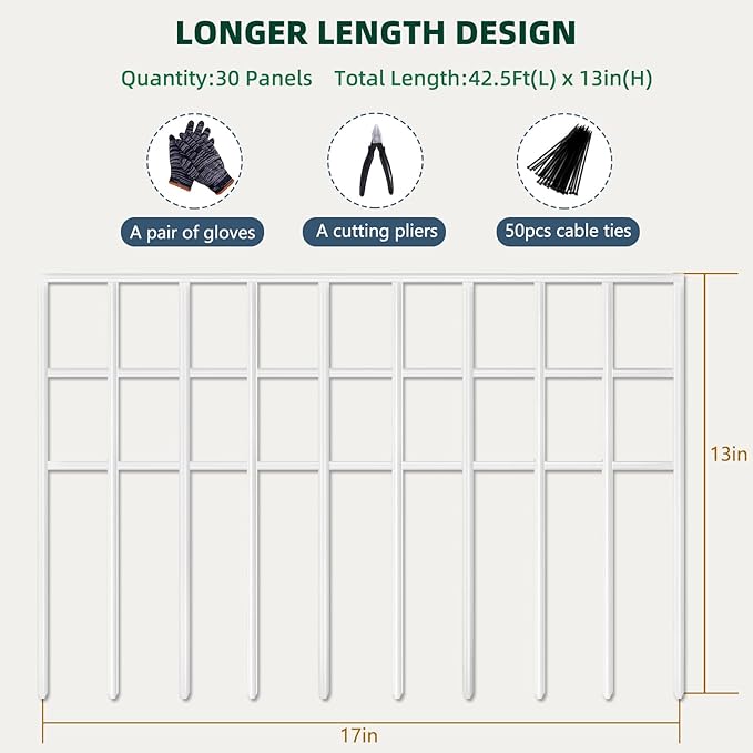 42.5ft(L) x 13in(H) Animal Barrier Fence, 30 Panels No Dig Garden Fence for Dog Rabbit, Rustproof Anti Digging Barrier, Garden Edging Border Ground Defense for Outdoor, Yard, Patio, White