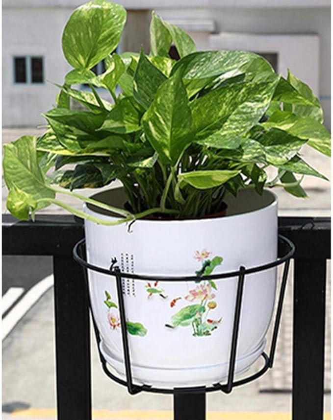 4 Pack Hanging Railing Planters Flower Pot Holders Plant Iron Racks Fence Metal Potted Stand Mounted Balcony Round Plant Baskets Shelf Container Box for Indoor&Outdoor Use-Black,Garden Steel Pots,6.3"