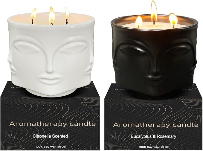 Outdoor Citronella Candle & Strong Eucalyptus & Rosemary 3 Wick Large Candle, 20oz, Ceramic, 100% Soy, for Patio Decor, Table Decor, Boho Decor, Home Decor, Beautiful Candle Jars