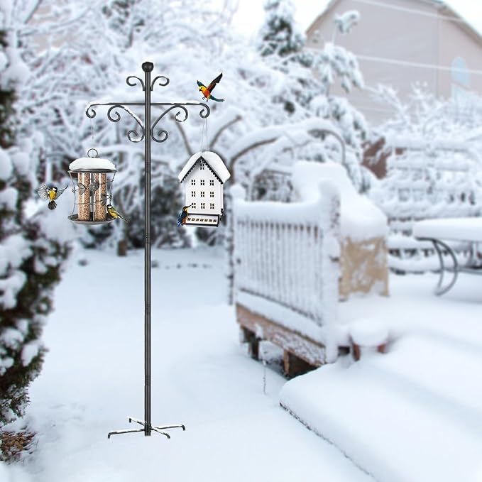 Bird Feeders Hanging Station, 196cm Wild Bird Feeder Poles and Hangers, Free Standing Feeding Station for The Garden, Heavy Duty Metal Double Shepherds Crooks Hooks for Lights Stand, Black, 2 Pack