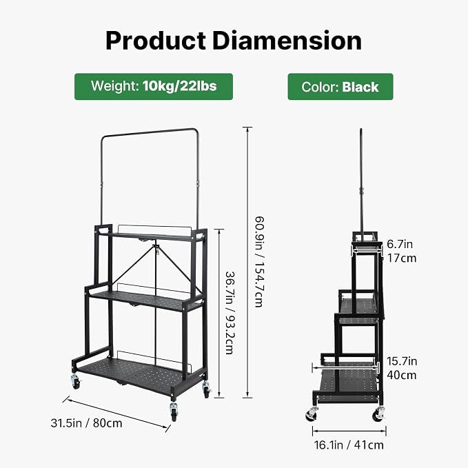 4-Tier Foldable Plant Stand with Wheels, No Tools Assembly, Sturdy Step Shelf for Indoor Outdoor Use, Black– Organize Pots, Save Space, Roll & Store Easy