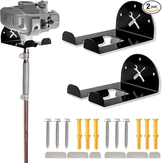 Upgraded Trimmer Rack Wall Mount - 8" Heavy Duty Weed Eater Hanger for Garage Wall, Garden Power Tool Holder Organizer Hooks for Grass Trimmer, Hedge Trimmer, Leaf Blower and Chainsaw, Black, 2 Pack