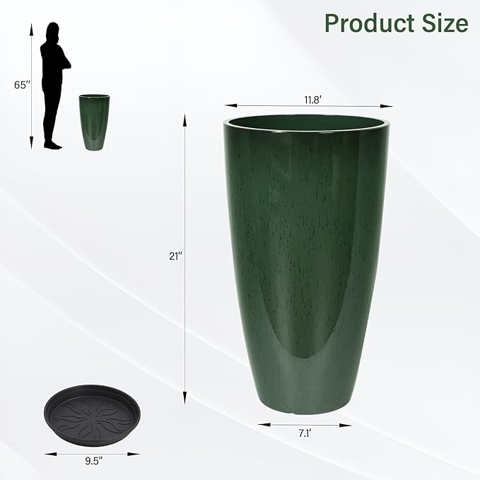 Neoaider Set of 2 Lightweight Ceramic-Look Tall Planter, 21 inch Large Plastic Planter with Drain Hole & Saucers, Large Outdoor Planters for Porch, Garden, Patio, Balcony(Dark Green)