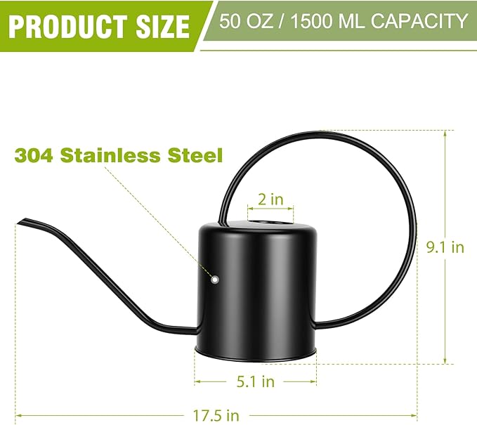 Plant Watering Can, 50 oz / 1500 ml Stainless Steel Metal - Modern Decorative with Long Spout for Indoor Potted Plants, Bonsai, Garden Flowers, Black